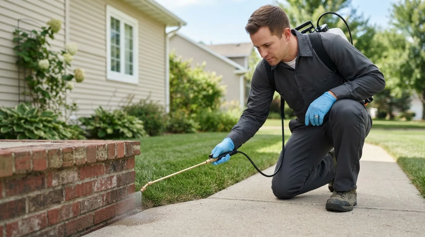 Pest control technician treating a home near Elk City, OK