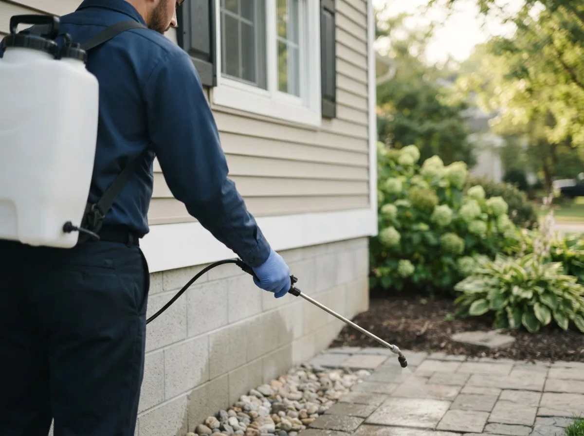Pest control technician inspecting a home in Elk City, OK